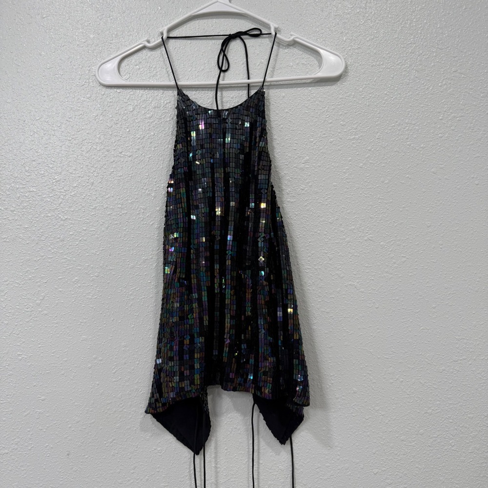 Ann Taylor Iridescent Sequin 100% Silk Halter Top Open Back Handkerchief Hem 10
